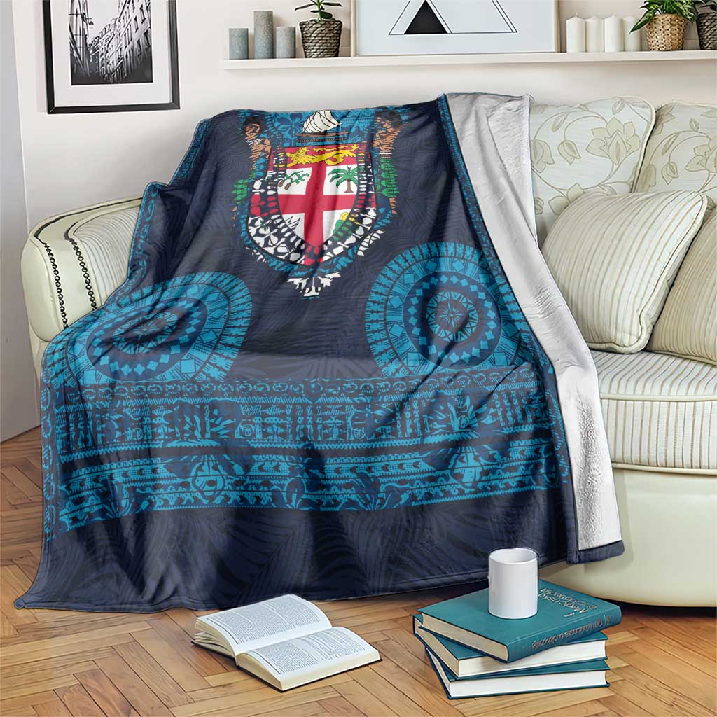 Fiji Coat of Arms Traditional Dashiki Blanket Tapa Art and Palm Leaves Pattern Dark Navy Color - Polynesian Pride
