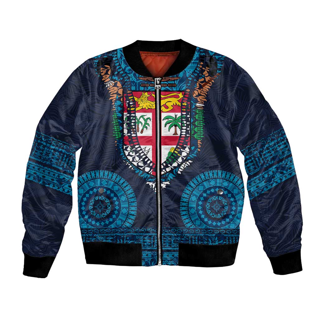 Fiji Coat of Arms Traditional Dashiki Bomber Jacket Tapa Art and Palm Leaves Pattern Dark Navy Color - Polynesian Pride