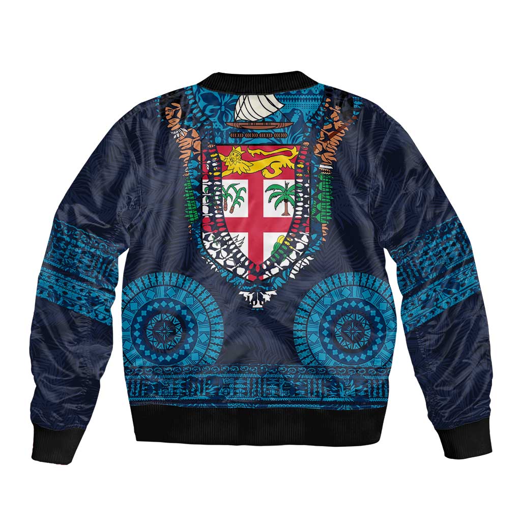 Fiji Coat of Arms Traditional Dashiki Bomber Jacket Tapa Art and Palm Leaves Pattern Dark Navy Color - Polynesian Pride