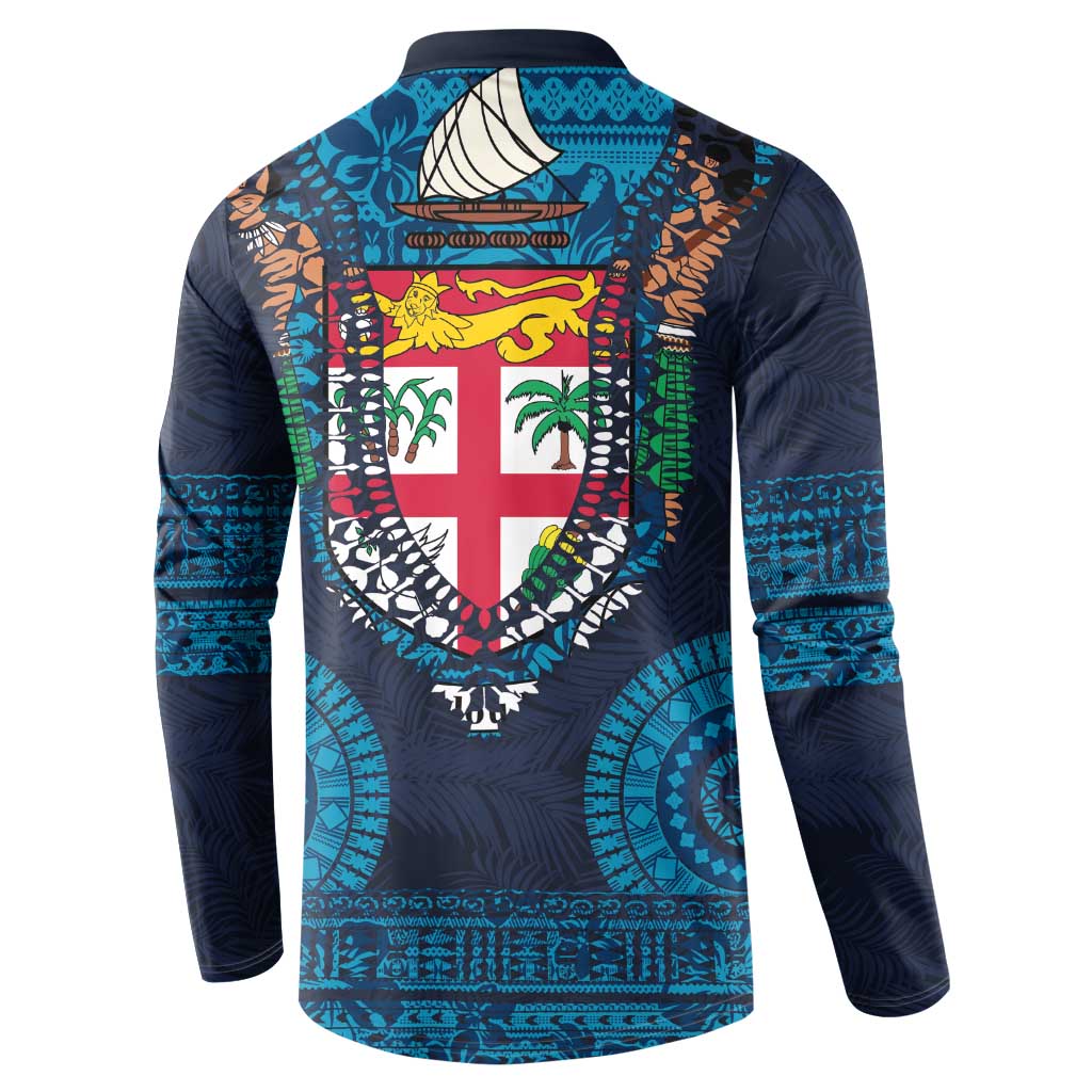 Fiji Coat of Arms Traditional Dashiki Button Sweatshirt Tapa Art and Palm Leaves Pattern Dark Navy Color - Polynesian Pride