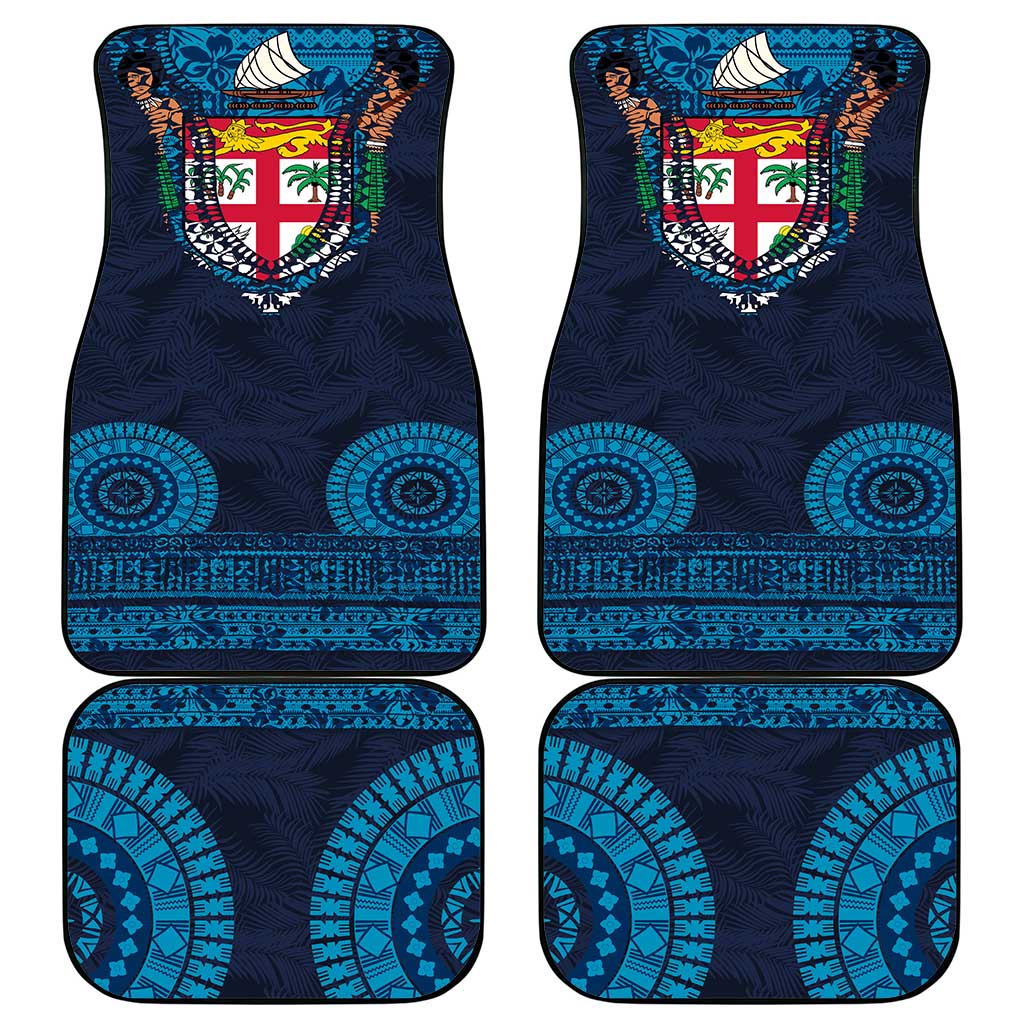 Fiji Coat of Arms Traditional Dashiki Car Mats Tapa Art and Palm Leaves Pattern Dark Navy Color - Polynesian Pride