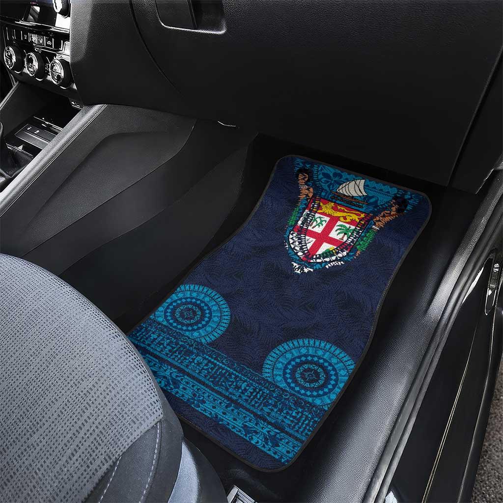 Fiji Coat of Arms Traditional Dashiki Car Mats Tapa Art and Palm Leaves Pattern Dark Navy Color - Polynesian Pride