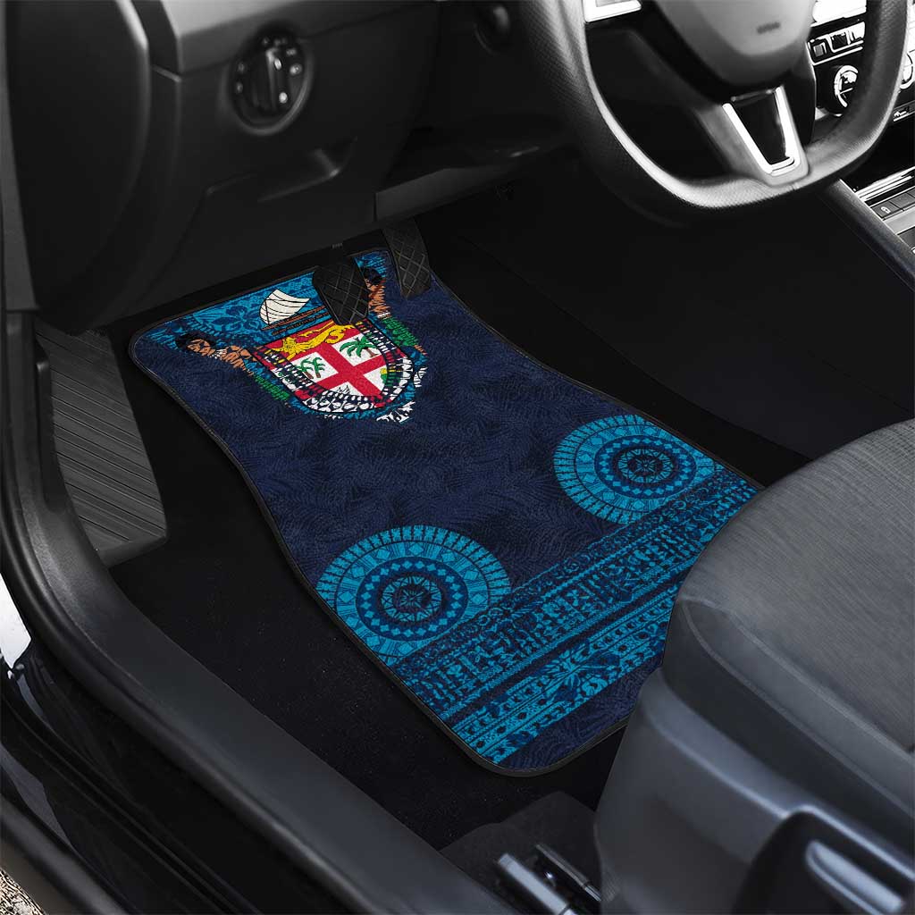 Fiji Coat of Arms Traditional Dashiki Car Mats Tapa Art and Palm Leaves Pattern Dark Navy Color - Polynesian Pride