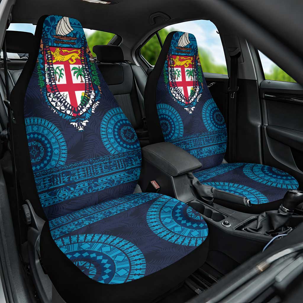 Fiji Coat of Arms Traditional Dashiki Car Seat Cover Tapa Art and Palm Leaves Pattern Dark Navy Color - Polynesian Pride