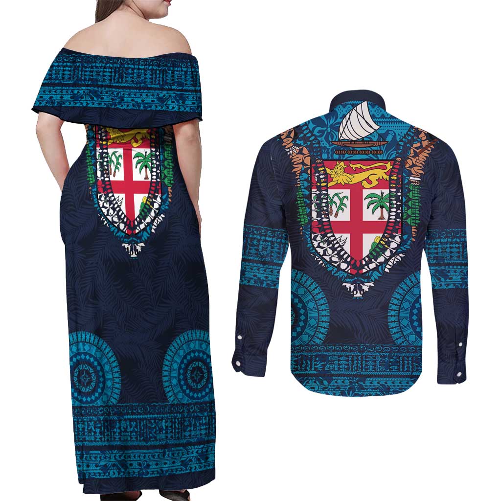 Fiji Coat of Arms Traditional Dashiki Couples Matching Off Shoulder Maxi Dress and Long Sleeve Button Shirt Tapa Art and Palm Leaves Pattern Dark Navy Color - Polynesian Pride