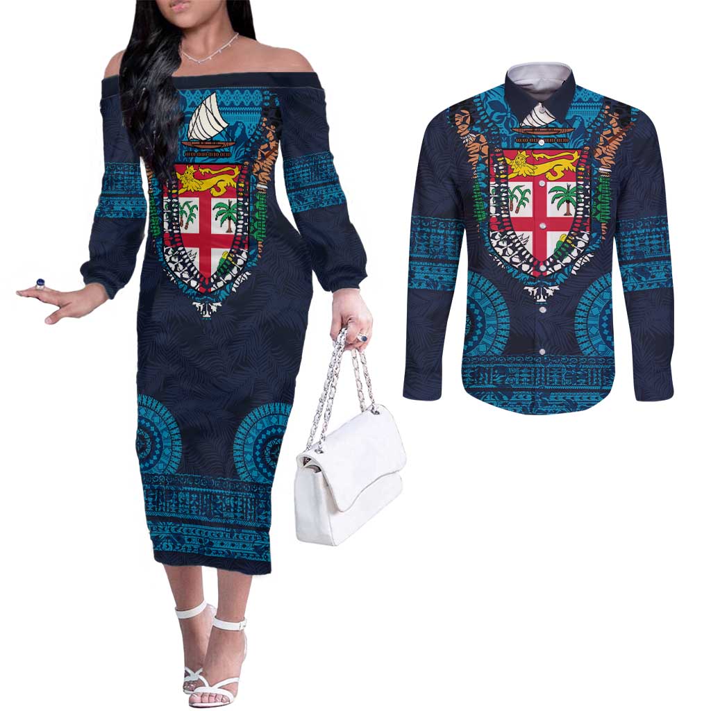 Fiji Coat of Arms Traditional Dashiki Couples Matching Off The Shoulder Long Sleeve Dress and Long Sleeve Button Shirt Tapa Art and Palm Leaves Pattern Dark Navy Color - Polynesian Pride
