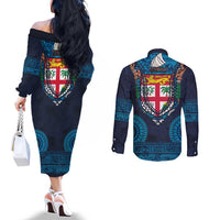 Fiji Coat of Arms Traditional Dashiki Couples Matching Off The Shoulder Long Sleeve Dress and Long Sleeve Button Shirt Tapa Art and Palm Leaves Pattern Dark Navy Color - Polynesian Pride