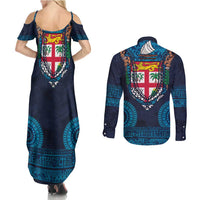 Fiji Coat of Arms Traditional Dashiki Couples Matching Summer Maxi Dress and Long Sleeve Button Shirt Tapa Art and Palm Leaves Pattern Dark Navy Color - Polynesian Pride