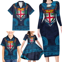 Fiji Coat of Arms Traditional Dashiki Family Matching Long Sleeve Bodycon Dress and Hawaiian Shirt Tapa Art and Palm Leaves Pattern Dark Navy Color - Polynesian Pride
