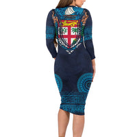 Fiji Coat of Arms Traditional Dashiki Family Matching Long Sleeve Bodycon Dress and Hawaiian Shirt Tapa Art and Palm Leaves Pattern Dark Navy Color - Polynesian Pride
