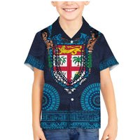 Fiji Coat of Arms Traditional Dashiki Family Matching Mermaid Dress and Hawaiian Shirt Tapa Art and Palm Leaves Pattern Dark Navy Color - Polynesian Pride