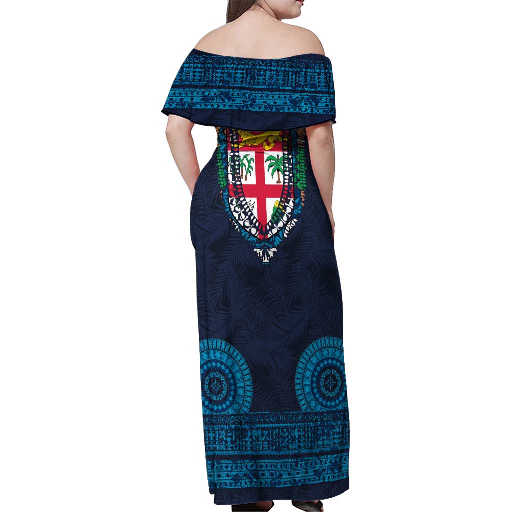 Fiji Coat of Arms Traditional Dashiki Family Matching Off Shoulder Maxi Dress and Hawaiian Shirt Tapa Art and Palm Leaves Pattern Dark Navy Color - Polynesian Pride