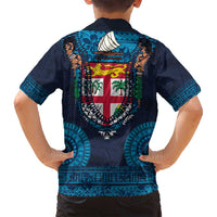 Fiji Coat of Arms Traditional Dashiki Family Matching Off Shoulder Short Dress and Hawaiian Shirt Tapa Art and Palm Leaves Pattern Dark Navy Color - Polynesian Pride