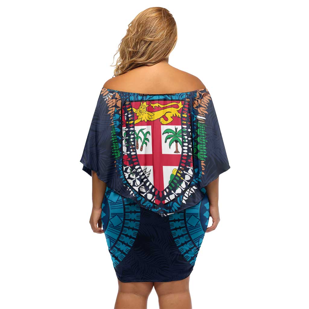 Fiji Coat of Arms Traditional Dashiki Family Matching Off Shoulder Short Dress and Hawaiian Shirt Tapa Art and Palm Leaves Pattern Dark Navy Color - Polynesian Pride