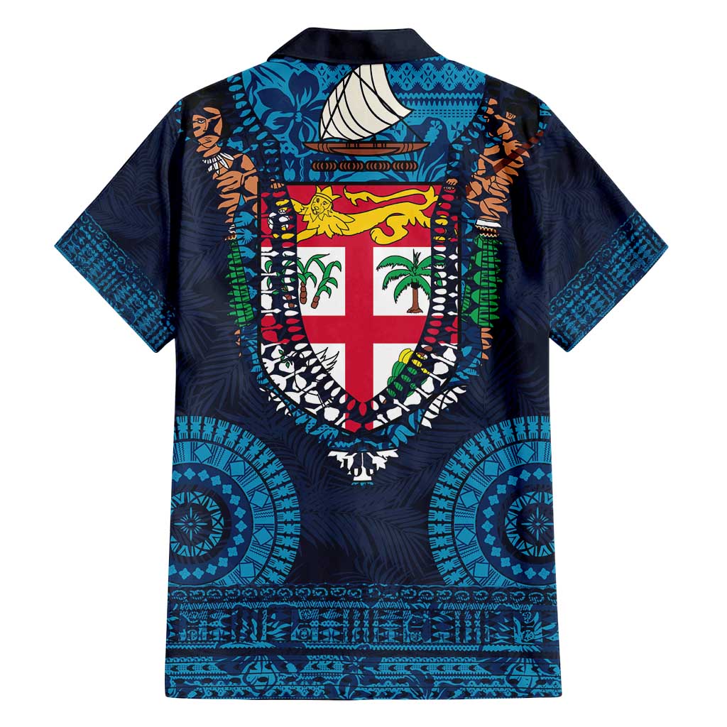 Fiji Coat of Arms Traditional Dashiki Family Matching Puletasi and Hawaiian Shirt Tapa Art and Palm Leaves Pattern Dark Navy Color - Polynesian Pride