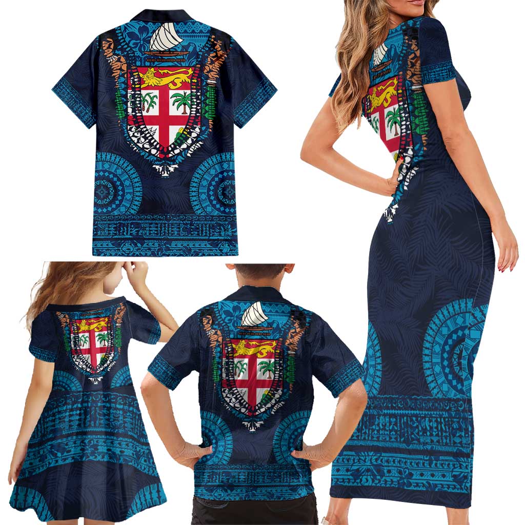Fiji Coat of Arms Traditional Dashiki Family Matching Short Sleeve Bodycon Dress and Hawaiian Shirt Tapa Art and Palm Leaves Pattern Dark Navy Color - Polynesian Pride
