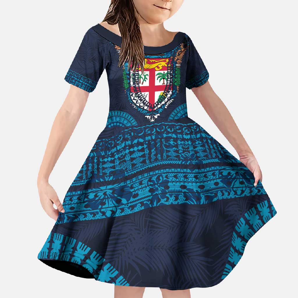 Fiji Coat of Arms Traditional Dashiki Family Matching Tank Maxi Dress and Hawaiian Shirt Tapa Art and Palm Leaves Pattern Dark Navy Color - Polynesian Pride