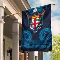 Fiji Coat of Arms Traditional Dashiki Garden Flag Tapa Art and Palm Leaves Pattern Dark Navy Color - Polynesian Pride