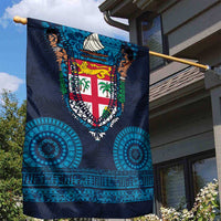 Fiji Coat of Arms Traditional Dashiki Garden Flag Tapa Art and Palm Leaves Pattern Dark Navy Color - Polynesian Pride
