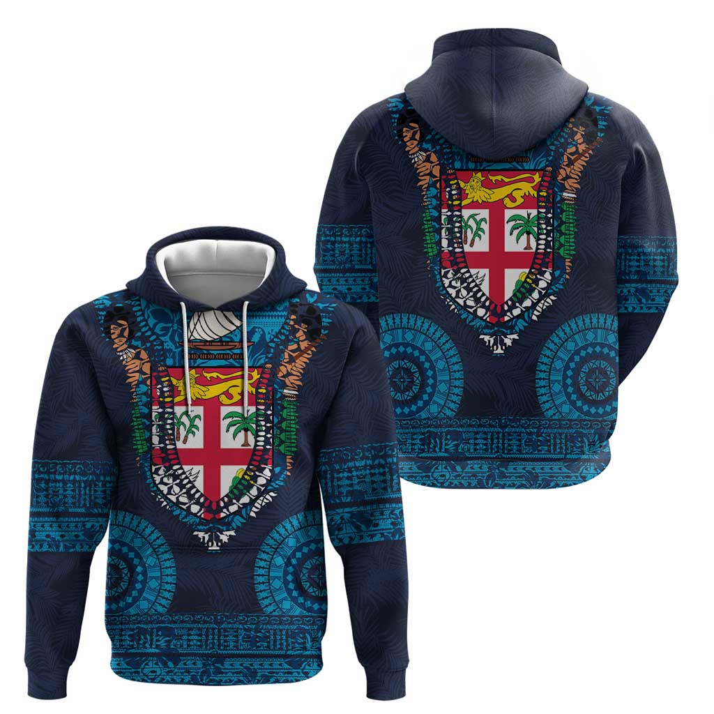 Fiji Coat of Arms Traditional Dashiki Hoodie Tapa Art and Palm Leaves Pattern Dark Navy Color - Polynesian Pride