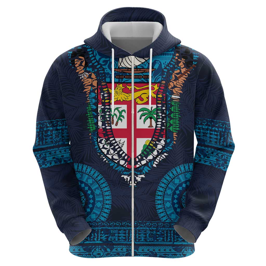 Fiji Coat of Arms Traditional Dashiki Hoodie Tapa Art and Palm Leaves Pattern Dark Navy Color - Polynesian Pride