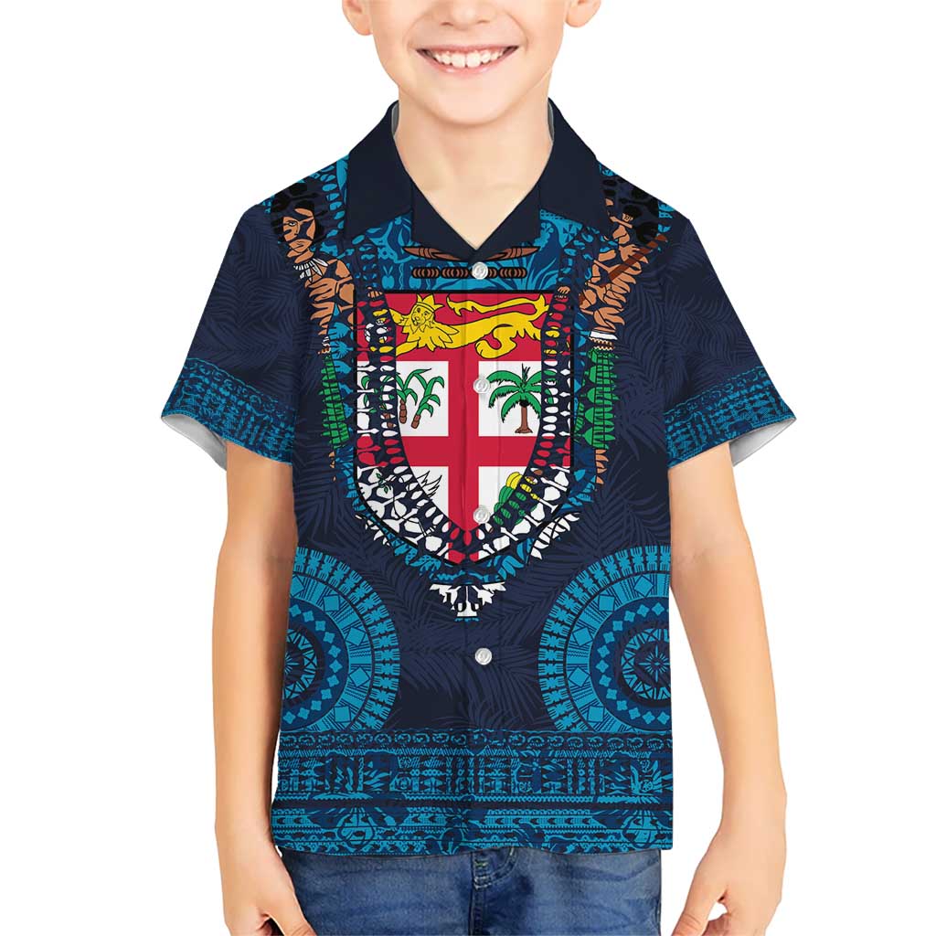 Fiji Coat of Arms Traditional Dashiki Kid Hawaiian Shirt Tapa Art and Palm Leaves Pattern Dark Navy Color - Polynesian Pride