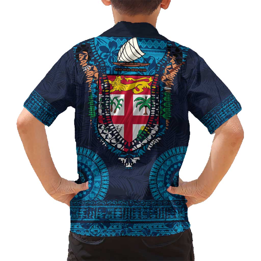 Fiji Coat of Arms Traditional Dashiki Kid Hawaiian Shirt Tapa Art and Palm Leaves Pattern Dark Navy Color - Polynesian Pride
