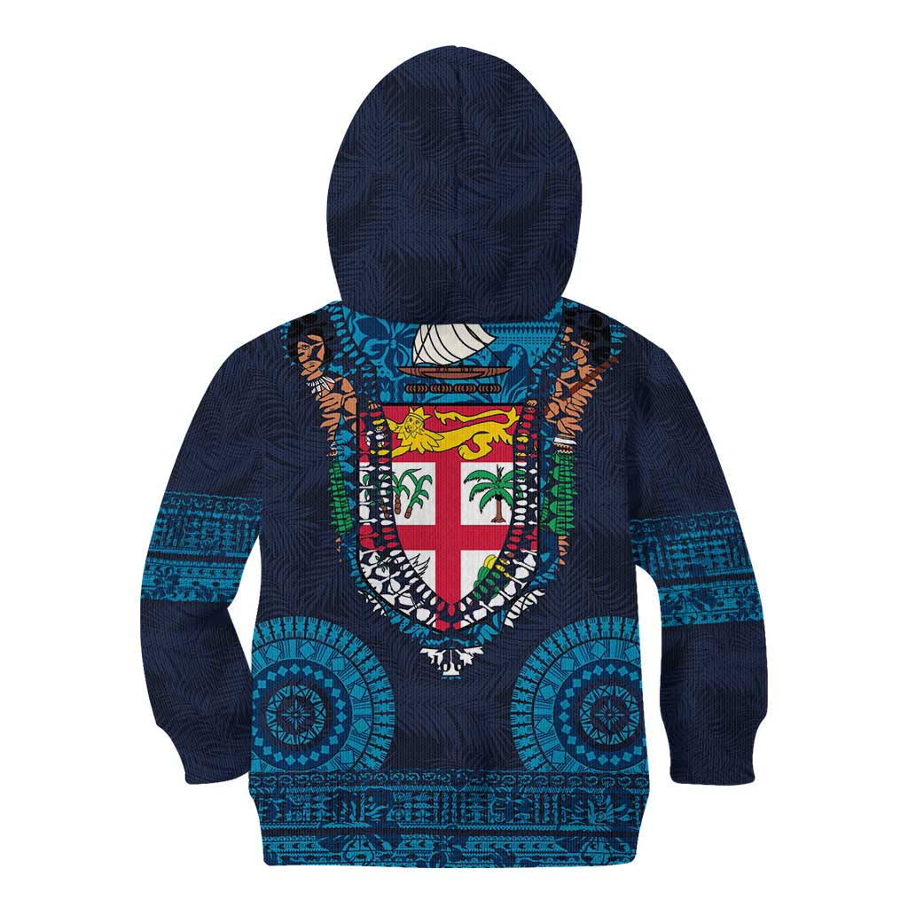 Fiji Coat of Arms Traditional Dashiki Kid Hoodie Tapa Art and Palm Leaves Pattern Dark Navy Color - Polynesian Pride