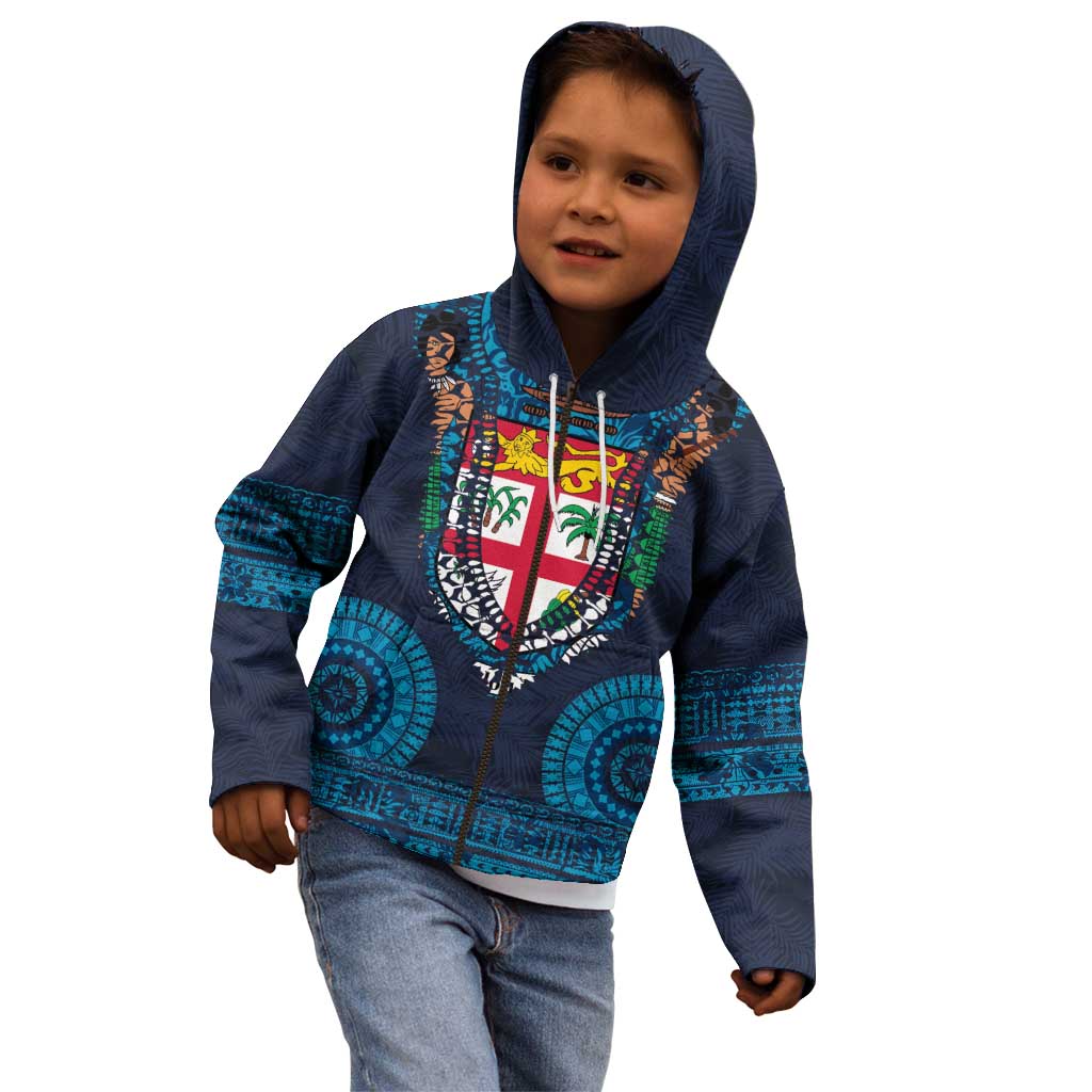 Fiji Coat of Arms Traditional Dashiki Kid Hoodie Tapa Art and Palm Leaves Pattern Dark Navy Color - Polynesian Pride