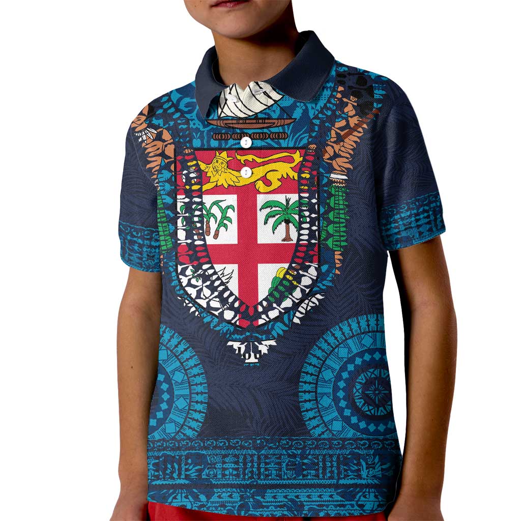 Fiji Coat of Arms Traditional Dashiki Kid Polo Shirt Tapa Art and Palm Leaves Pattern Dark Navy Color - Polynesian Pride