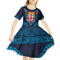 Fiji Coat of Arms Traditional Dashiki Kid Short Sleeve Dress Tapa Art and Palm Leaves Pattern Dark Navy Color - Polynesian Pride