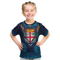 Fiji Coat of Arms Traditional Dashiki Kid T Shirt Tapa Art and Palm Leaves Pattern Dark Navy Color - Polynesian Pride