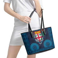 Fiji Coat of Arms Traditional Dashiki Leather Tote Bag Tapa Art and Palm Leaves Pattern Dark Navy Color - Polynesian Pride