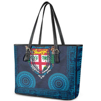 Fiji Coat of Arms Traditional Dashiki Leather Tote Bag Tapa Art and Palm Leaves Pattern Dark Navy Color - Polynesian Pride