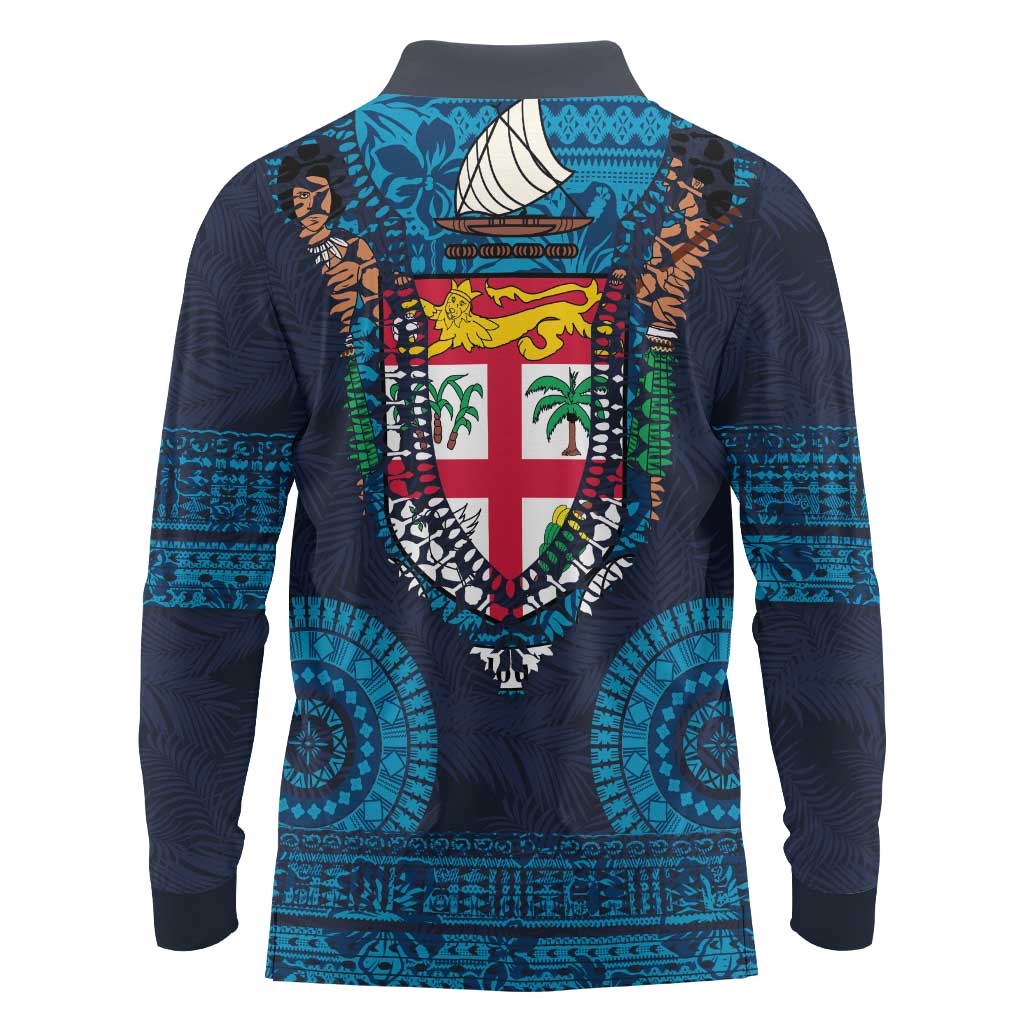 Fiji Coat of Arms Traditional Dashiki Long Sleeve Polo Shirt Tapa Art and Palm Leaves Pattern Dark Navy Color - Polynesian Pride