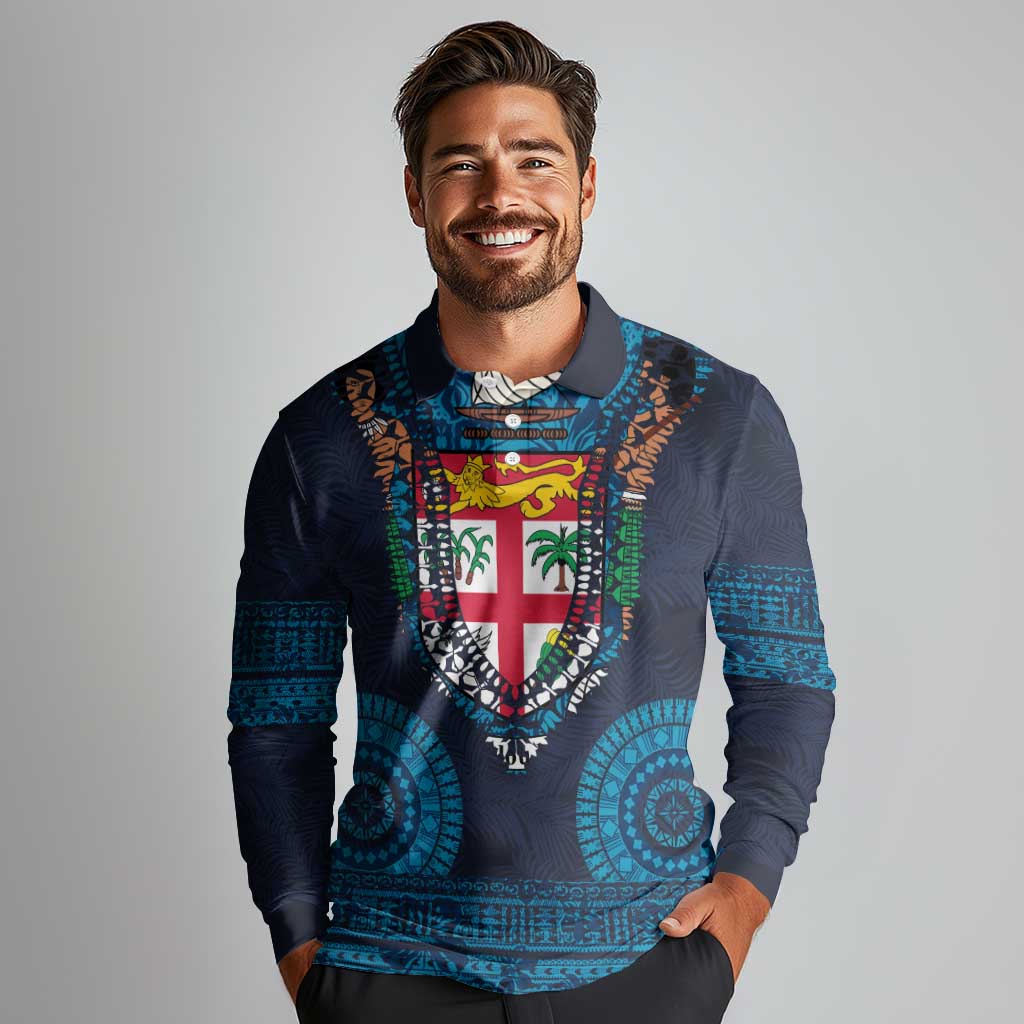 Fiji Coat of Arms Traditional Dashiki Long Sleeve Polo Shirt Tapa Art and Palm Leaves Pattern Dark Navy Color - Polynesian Pride