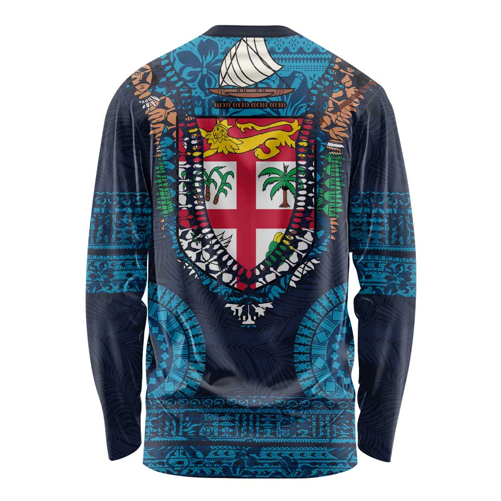 Fiji Coat of Arms Traditional Dashiki Long Sleeve Shirt Tapa Art and Palm Leaves Pattern Dark Navy Color - Polynesian Pride