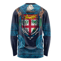Fiji Coat of Arms Traditional Dashiki Long Sleeve Shirt Tapa Art and Palm Leaves Pattern Dark Navy Color - Polynesian Pride