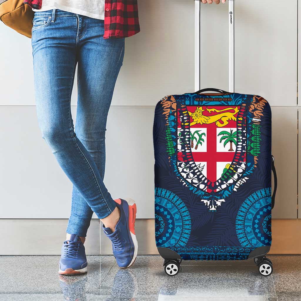 Fiji Coat of Arms Traditional Dashiki Luggage Cover Tapa Art and Palm Leaves Pattern Dark Navy Color - Polynesian Pride