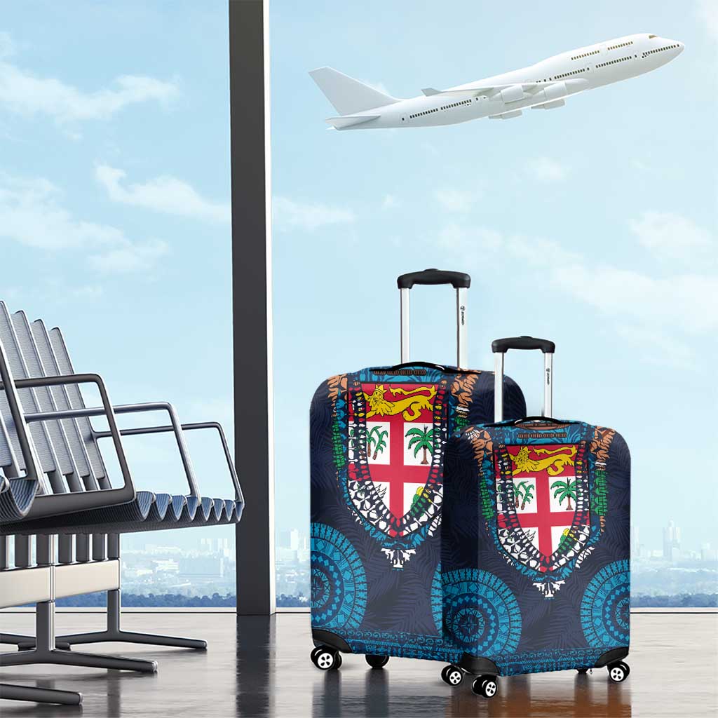 Fiji Coat of Arms Traditional Dashiki Luggage Cover Tapa Art and Palm Leaves Pattern Dark Navy Color - Polynesian Pride