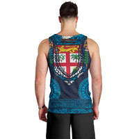 Fiji Coat of Arms Traditional Dashiki Men Tank Top Tapa Art and Palm Leaves Pattern Dark Navy Color - Polynesian Pride