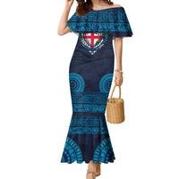 Fiji Coat of Arms Traditional Dashiki Mermaid Dress Tapa Art and Palm Leaves Pattern Dark Navy Color - Polynesian Pride