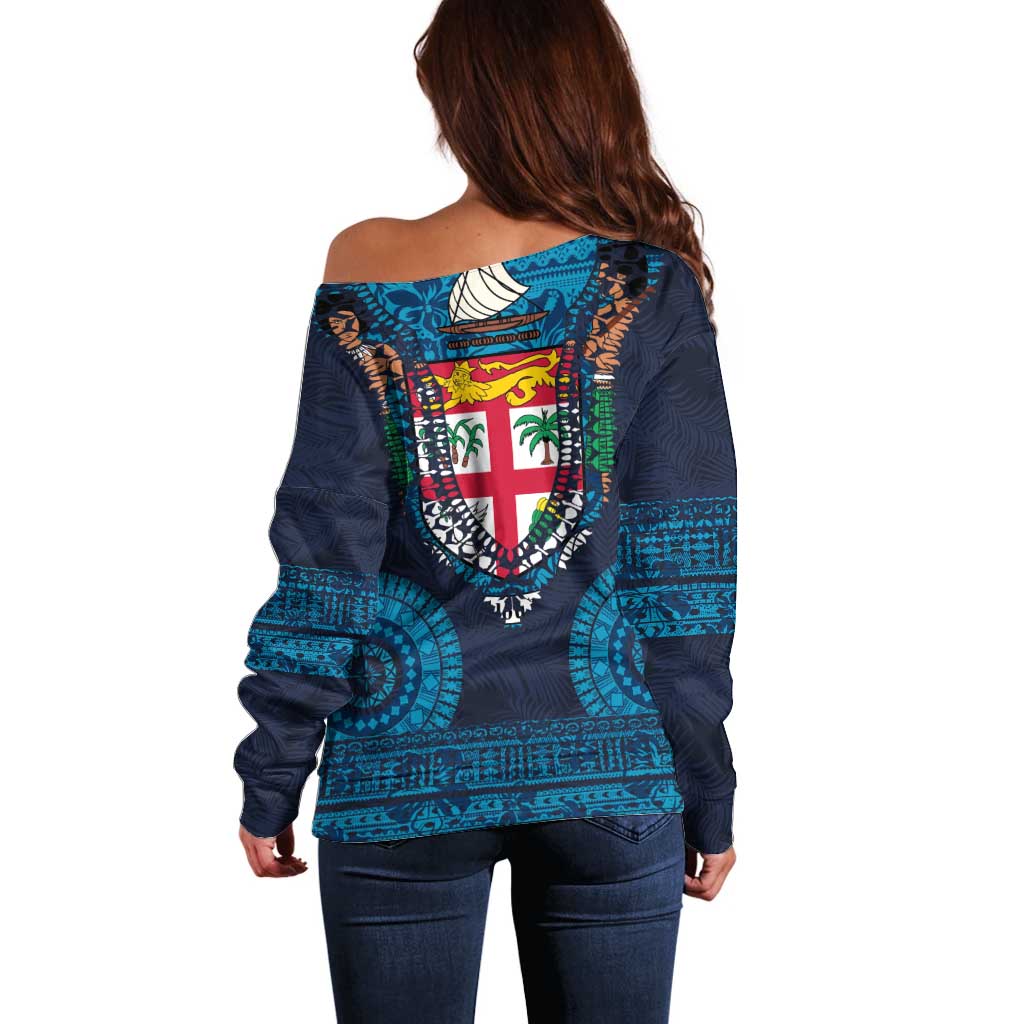 Fiji Coat of Arms Traditional Dashiki Off Shoulder Sweater Tapa Art and Palm Leaves Pattern Dark Navy Color - Polynesian Pride