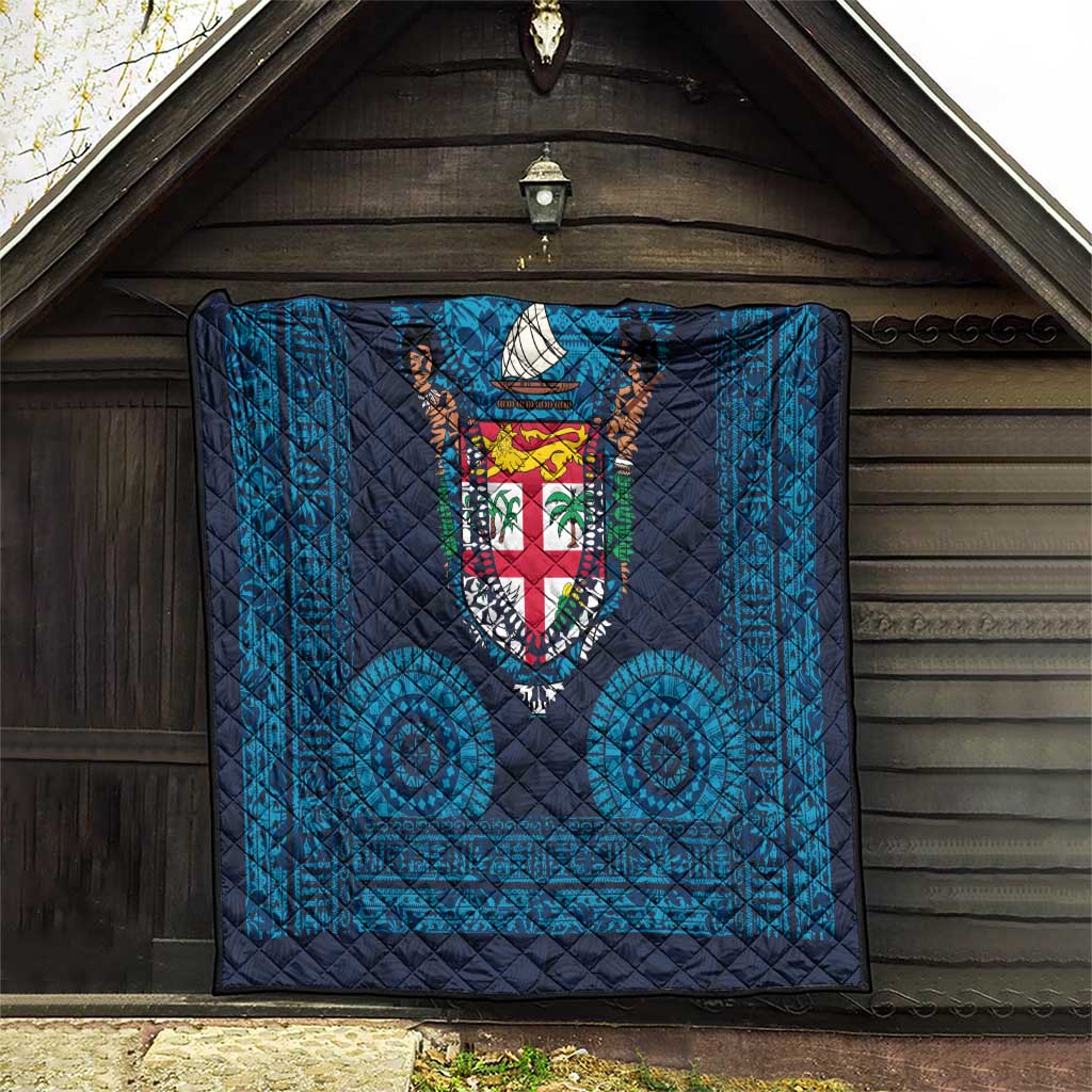 Fiji Coat of Arms Traditional Dashiki Quilt Tapa Art and Palm Leaves Pattern Dark Navy Color - Polynesian Pride