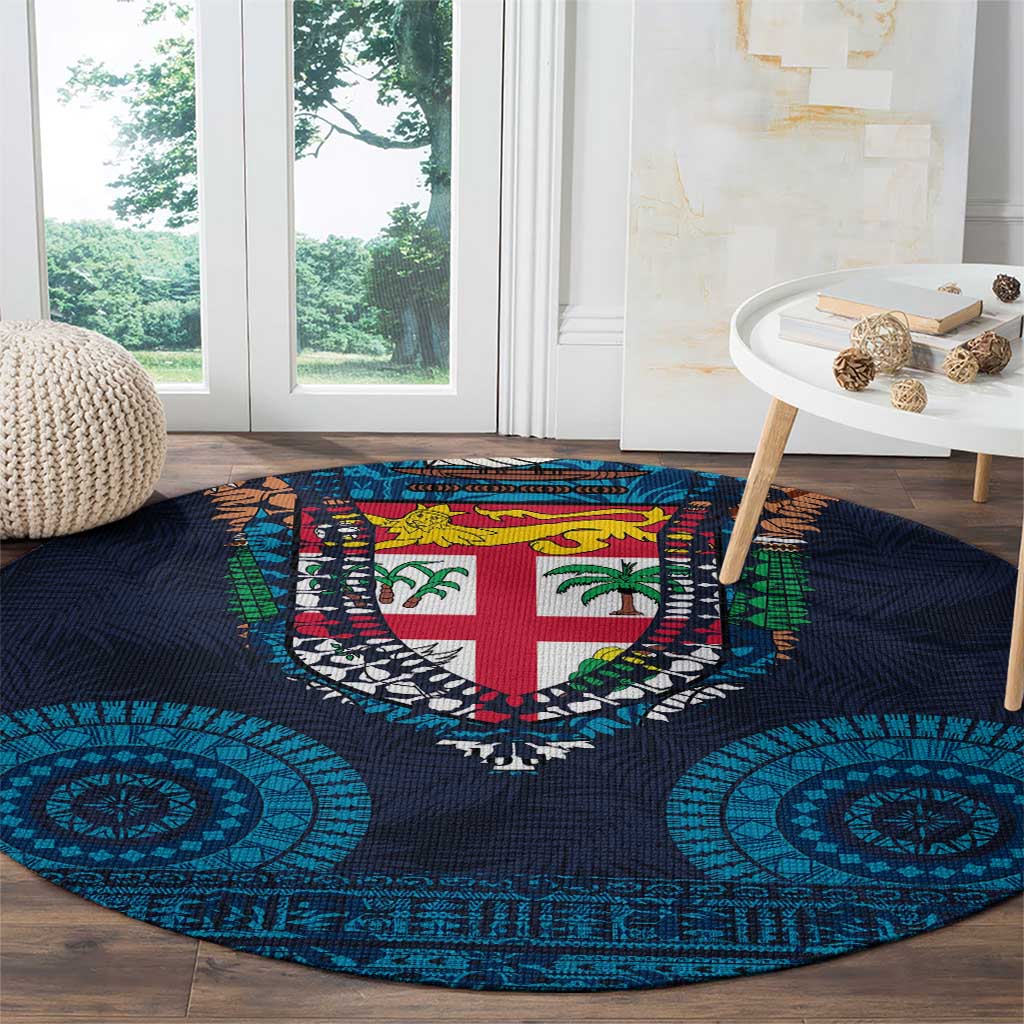 Fiji Coat of Arms Traditional Dashiki Round Carpet Tapa Art and Palm Leaves Pattern Dark Navy Color - Polynesian Pride