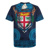 Fiji Coat of Arms Traditional Dashiki Rugby Jersey Tapa Art and Palm Leaves Pattern Dark Navy Color - Polynesian Pride