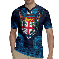 Fiji Coat of Arms Traditional Dashiki Rugby Jersey Tapa Art and Palm Leaves Pattern Dark Navy Color - Polynesian Pride