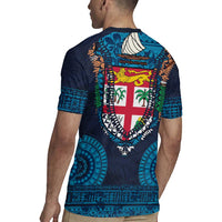 Fiji Coat of Arms Traditional Dashiki Rugby Jersey Tapa Art and Palm Leaves Pattern Dark Navy Color - Polynesian Pride