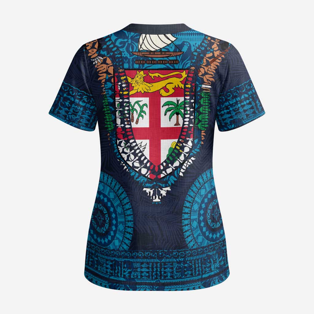Fiji Coat of Arms Traditional Dashiki Scrub Top Tapa Art and Palm Leaves Pattern Dark Navy Color - Polynesian Pride