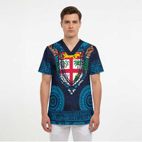 Fiji Coat of Arms Traditional Dashiki Scrub Top Tapa Art and Palm Leaves Pattern Dark Navy Color - Polynesian Pride